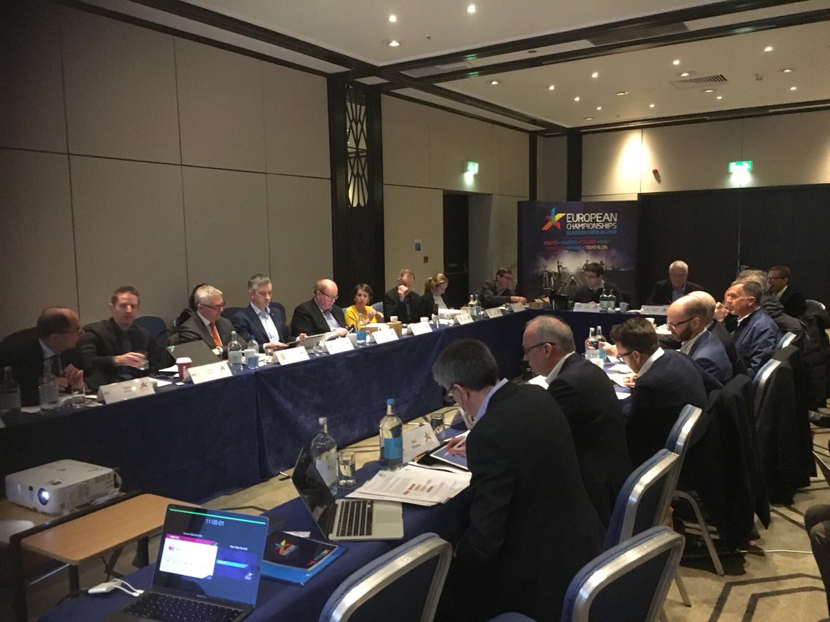 SvenPres's tweet photo. Working hard meeting with the other 6 sports involved in the @Euro_Champs 2018 in London today. Berlin &amp; Glasgow are certainly ready to put on a great multi sport event! Ticket sales are on target for record spectators for every sport. #TheMoment is coming.. https://t.co/UKTl7qryGf