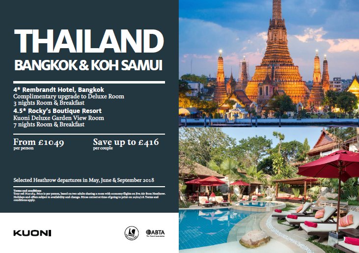 KuoniStAlbans's tweet photo. Thailand City &amp; Beach offer, 10 nights from £1049pp! 

Experience bustling Bangkok before relaxing in a boutique beach escape in Koh Samui.

Call our Kuoni St Albans Experts today on 01727 881878 or book an appointment
Book by the 27th February #Kuoni #StAlbans https://t.co/pvPI7nOFX2