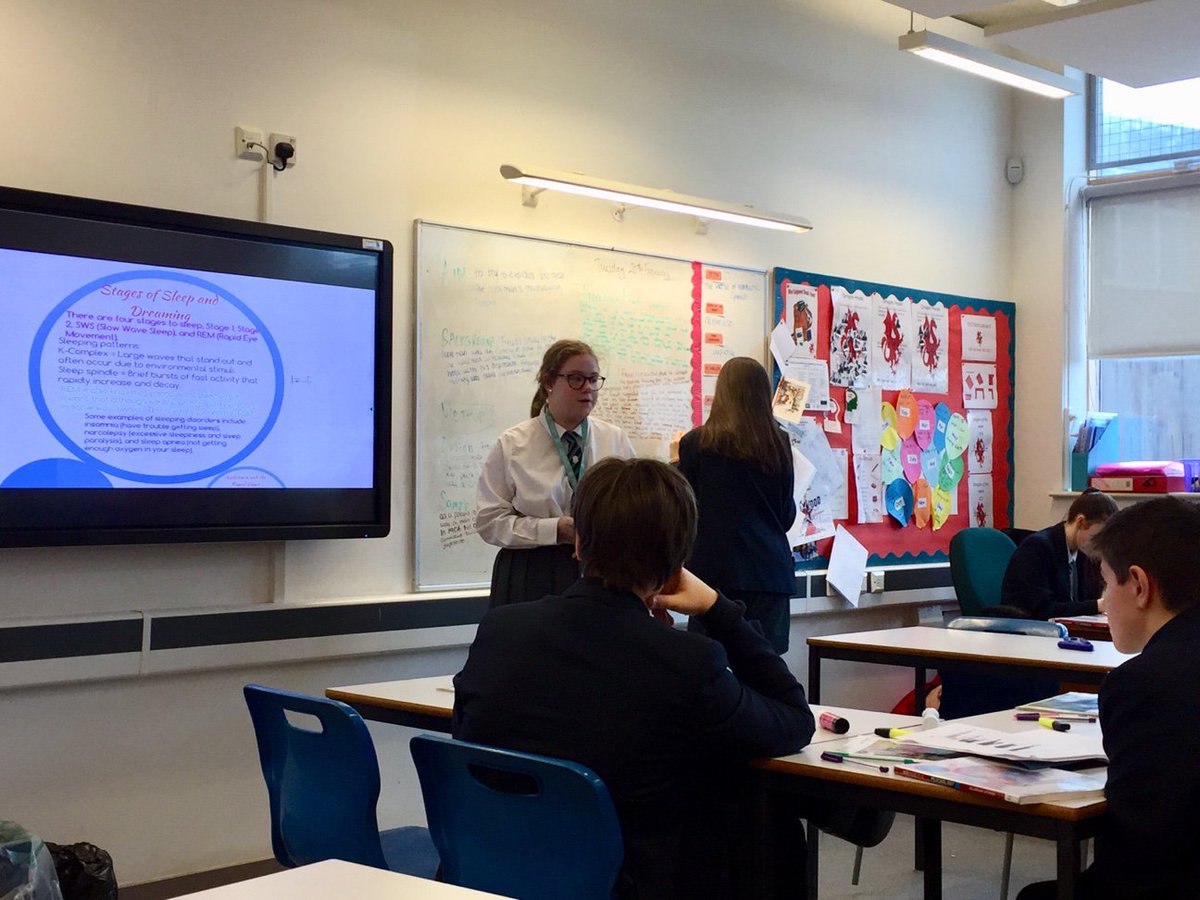 One of our Chief Learners, Abi, teaching a lesson about the psychology of sleep &amp; dreaming, with some help from her co-educators, Rose &amp; Ella. #studentstothefront #studentagency <a href="/PassmoresAc/">Passmores Academy</a>