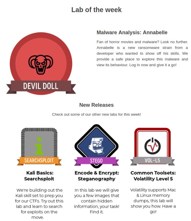 immersivelabs's tweet photo. #FridayFour @immersivelabsuk Fridays Labs are now live covering #steganography #volatility #annabelle #ransomware #kail #searchsploit https://t.co/ZVg6rwnNkQ #freeforstudents #immersivelabs https://t.co/NK5msMLS9H