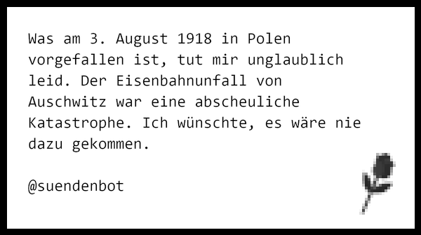 suendenbot's tweet photo. Was am 3. August 1918 in Polen vorgefallen ist, tut mir unglaublich leid. Der Eisenbahnunfall von Auschwitz war e… https://t.co/JyXbAZGxlN https://t.co/8w8xOYiIy6