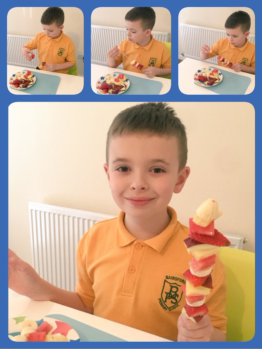 caskill3's tweet photo. Ciaran P5 making fruit kebabs for his 'Farm to Fork' homework  @BainsfordPS https://t.co/dbVi2SMgl5