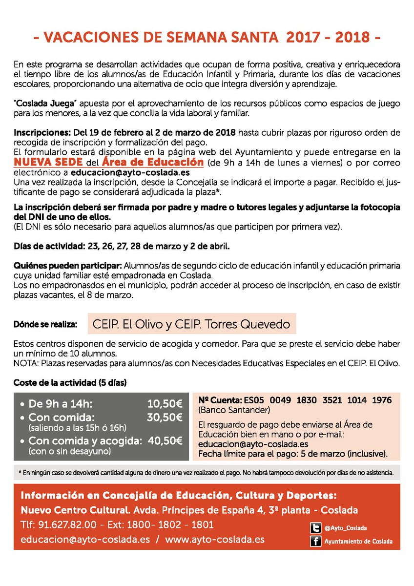 Ayto_Coslada's tweet photo. EDUCACIÓN | 🏫 Apertura de colegios en vacaciones de #SemanaSanta2018 en #Coslada. ➕ℹ️☎️ 916278200, ext. 1800, 1801 y 1802 y educacion@ayto-coslada.es https://t.co/WRnOwofHuI