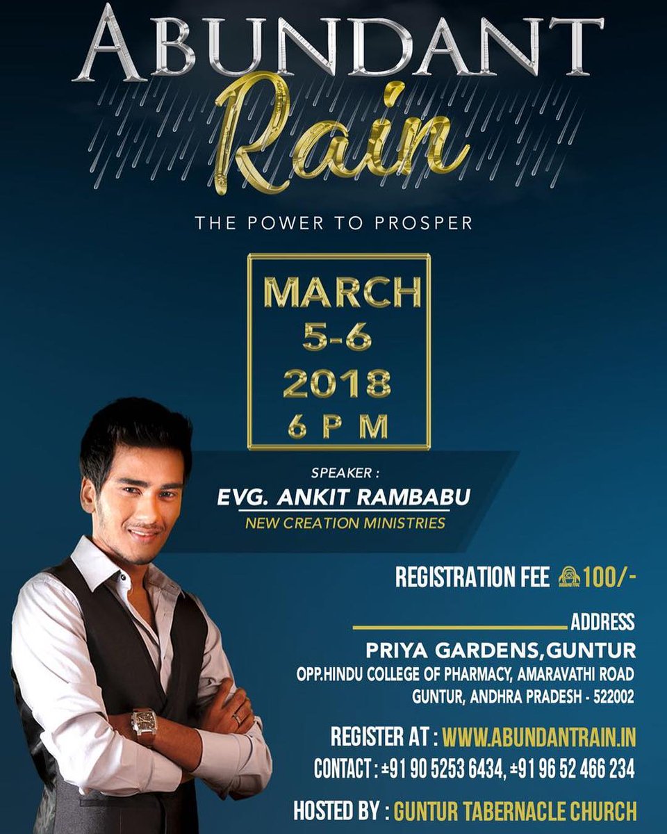 thatslimitless's tweet photo. LIMITLESS PRODUCTIONS
Get ready for the abundant rain Conference now coming to Guntur. Don’t miss this life changing conference https://t.co/6238hOJCBL