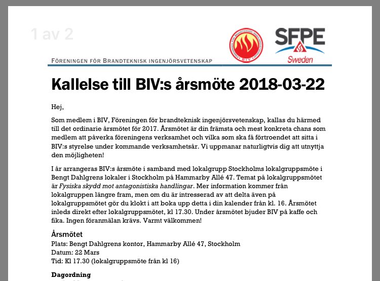 Då var det dags för årsmöte för verksamhetsåret 2017. Årsmötet är din främsta chans som medlem att påverka föreningens verksamhet. Handlingar hittar du på hemsidan: sfpe-biv.se/attachments/ar… Välkommen!