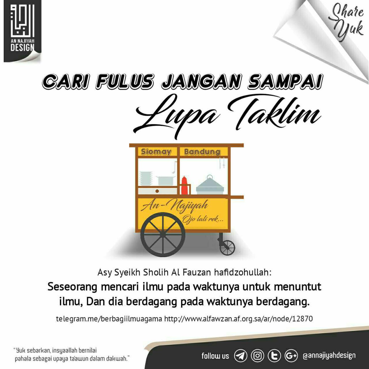 CARI FULUS JANGAN SAMPAI LUPA TAKLIM
#kerja #ayokerja #semangat #yuktaklim #posterdakwah #posterislam #salafy #annajiyahdesign
Follow <a href="/anNajiyahDesign/">annajiyahdesign</a>