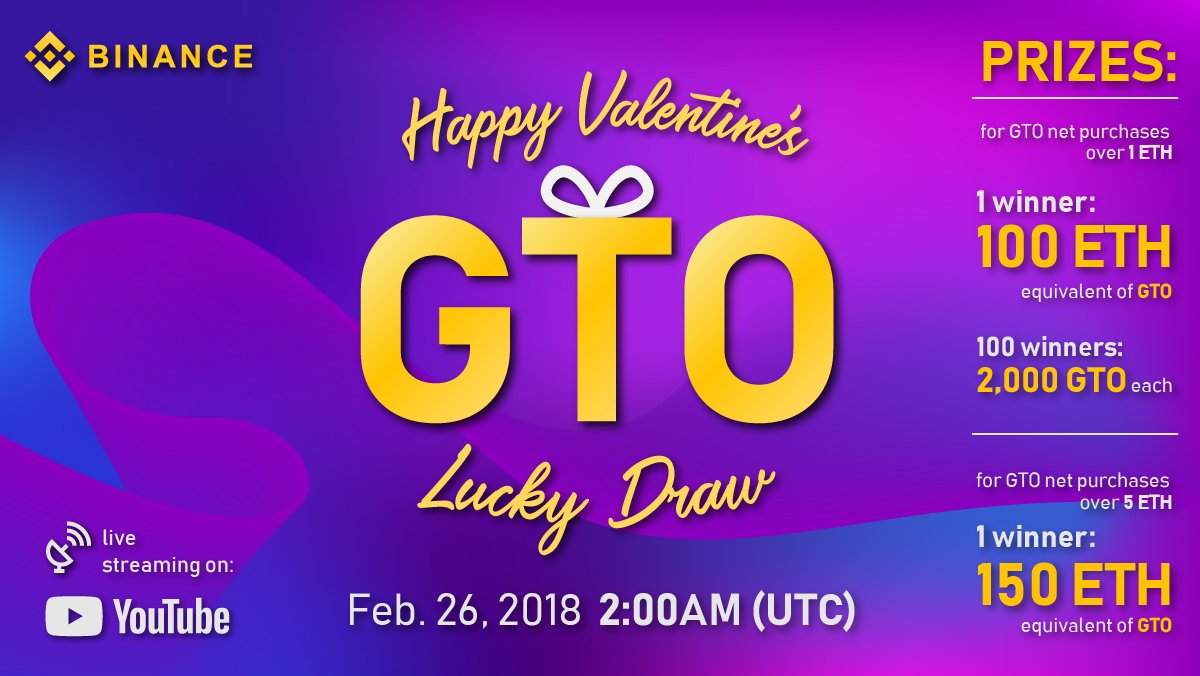 binance's tweet image. #Binance live stream for $gto Lucky Draw. Make sure you tune in on Feb. 26, 2018, at 2:00AM UTC to see if you're a winner!