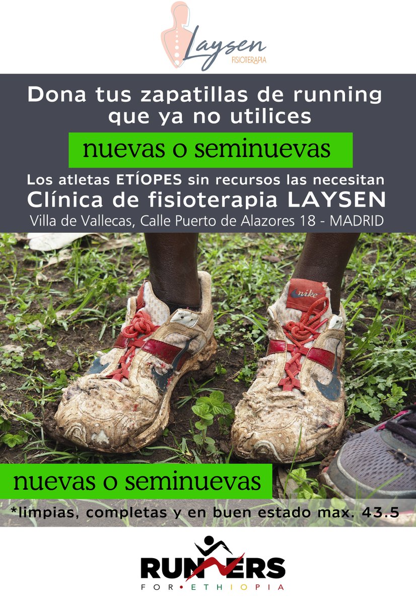Nuevo punto de recogida en Madrid, la clínica  Laysen Fisioterapia en Vallecas, c/Puerto de Alazores 18, #Madrid se suma a la colaboración en la recogida de zapas NUEVAS o SEMINUEVAS de running y hasta talla 43.5, para llevarlas a Etiopía en Junio. #Quenotelocuentenvívelo