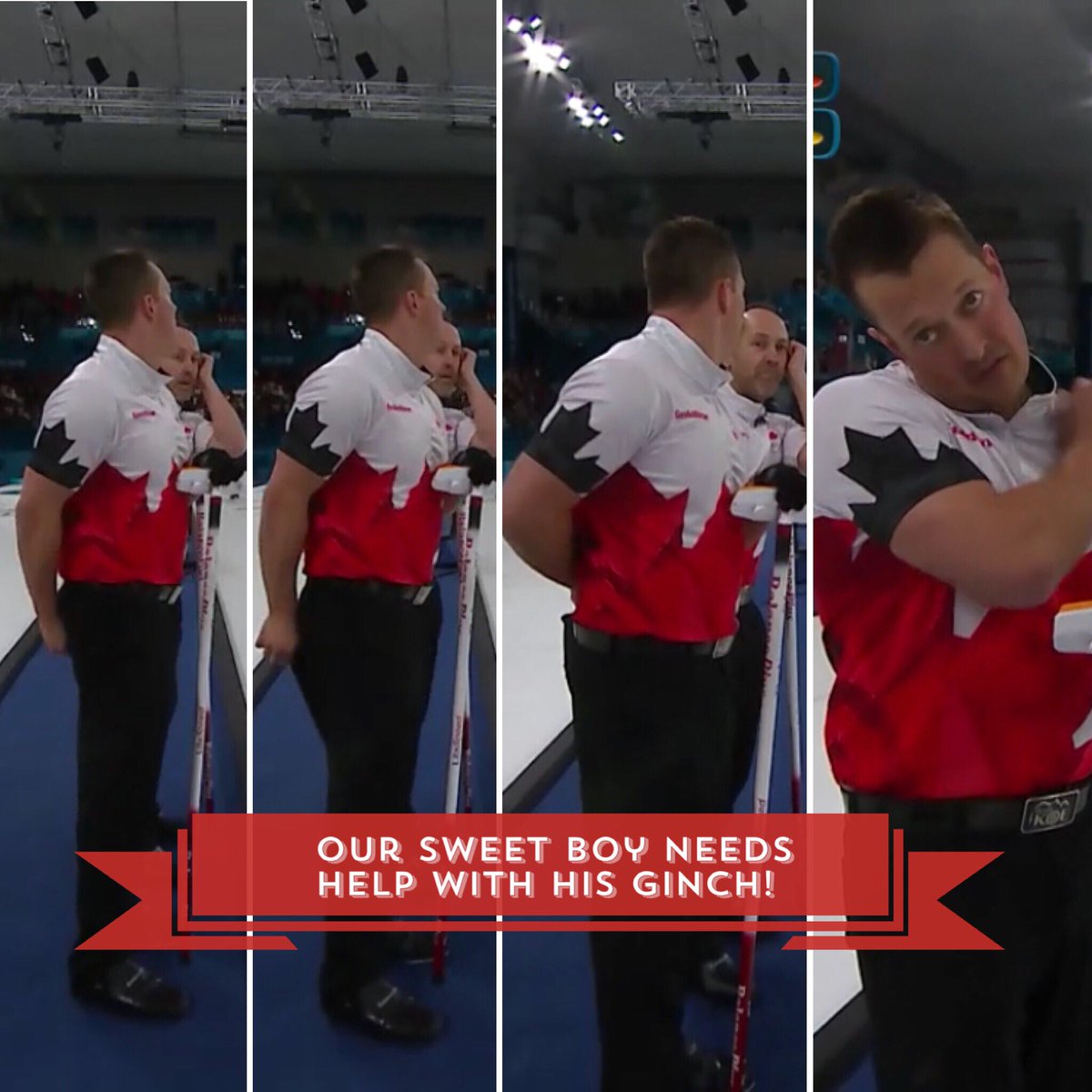 retiredkmart's tweet photo. Our countries sweet-boy @BennyHeebz is having a tough time with his #ginch. Any chance you guys can lend a hand? @MeUndies #Olympics #Curling #savebensginch https://t.co/NK0ssN2bfj