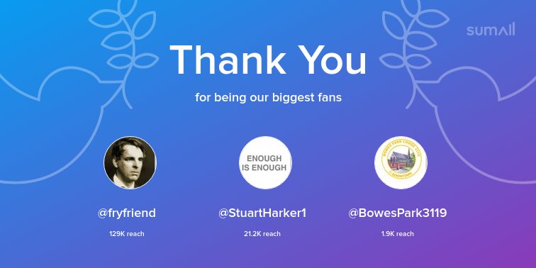 WalnutTree5533's tweet image. Our biggest fans this week: @fryfriend, @StuartHarker1, @BowesPark3119. Thank you! via sumall.com/thankyou?utm_s…