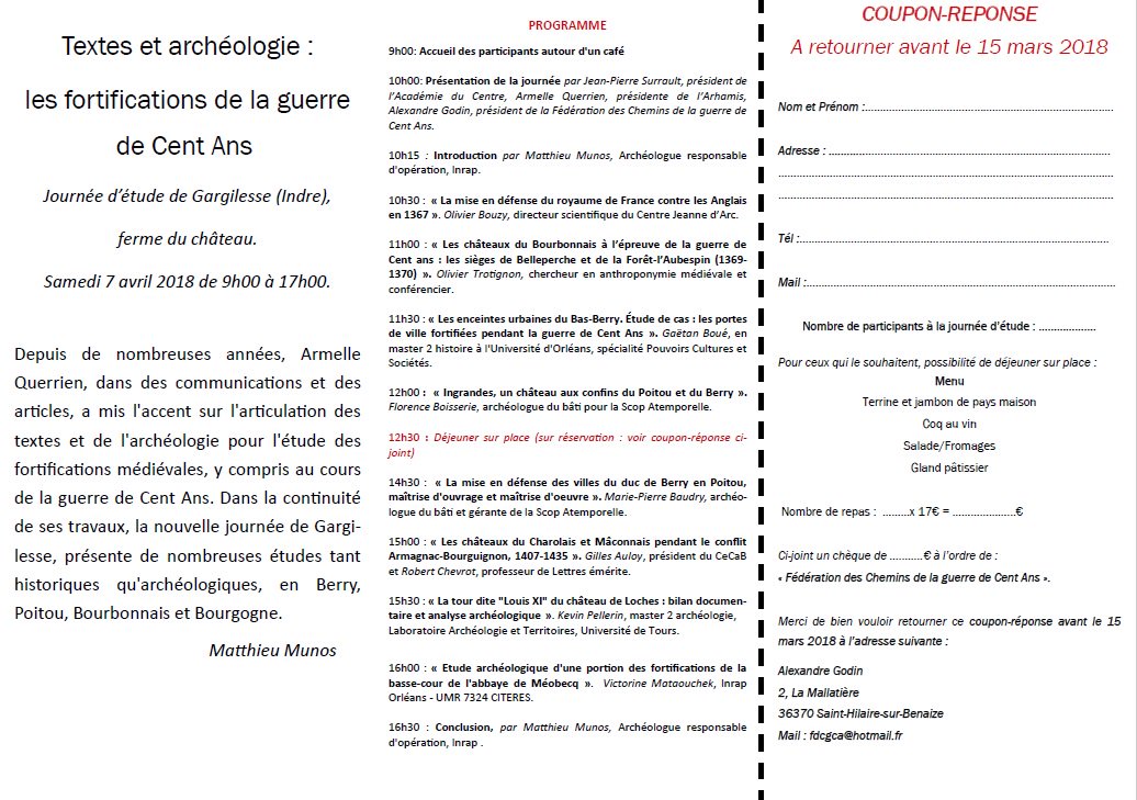 CheminsG100's tweet photo. Journée d'étude de Gargilesse le 7 avril 2018. Centrée sur le thème « Textes et archéologie : les fortifications de la Guerre de Cent Ans » Plusieurs spécialistes seront là pour vous présenter et discuter de divers sujets concernant les fortifications médiévales dans la région. https://t.co/RuJNfjHwFP