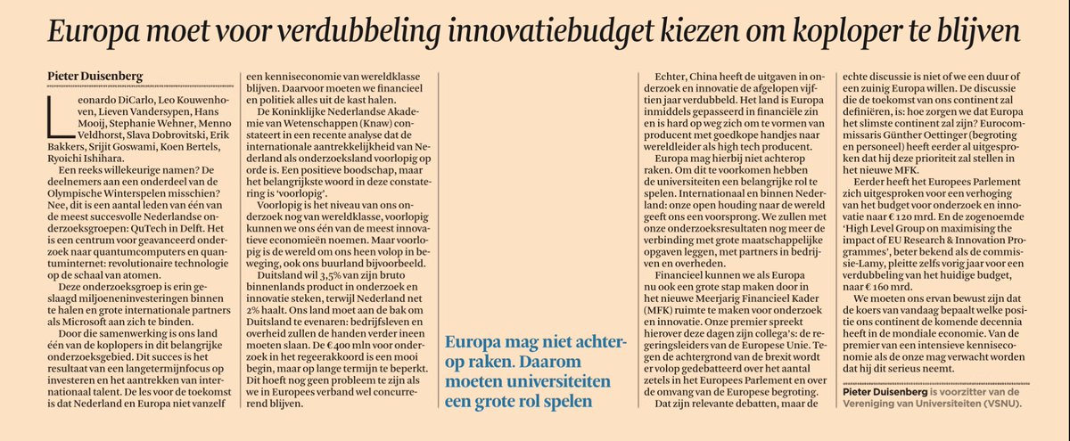Europa moet vol inzetten op onderzoek en innovatie! Vandaag roept <a href="/PDuisenberg/">Pieter Duisenberg</a> daartoe op in het <a href="/FD_Nieuws/">FD Nieuws</a>