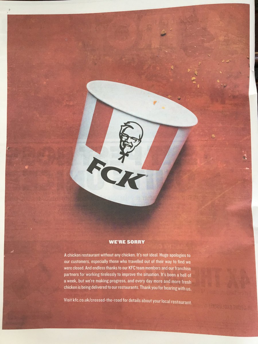 It’s not going to be a #FingerLickinFriday as we’d hoped for but <a href="/KFC_UKI/">KFC UK</a> apologises to readers in this morning’s inside front cover page of Metro for one of our favourite chicken shops being closed all week #ChickenCrisis #FCK