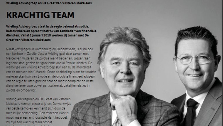 vrielingadvies's tweet photo. Krachtig Team! De Graaf van Vilsteren en Vrieling Adviesgroep staan in Regiolokaal Zwolle. Marcel van Vilsteren en Jasper Vrieling bespreken de samenwerking tussen de kantoren. Bekijk hier het hele artikel https://t.co/oQtO8d0PVD https://t.co/IjqfoqUVzJ