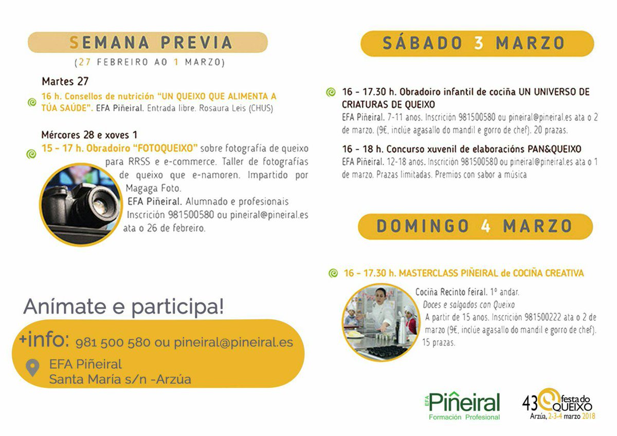 EfaPineiral's tweet photo. Ultimando detalles para arrancar a semana grande do #queixo2018 en #Piñeiral  #faladoiros #talleres #obradoiro #masterclass #concurso  #Panqueixo. 
Ainda estás a tempo de inscribirte!! 📱🖱pineiral@pineiral.es 📞981.500.580 
 #Piñeiral #queixeamos? https://t.co/W5zeeORt0z