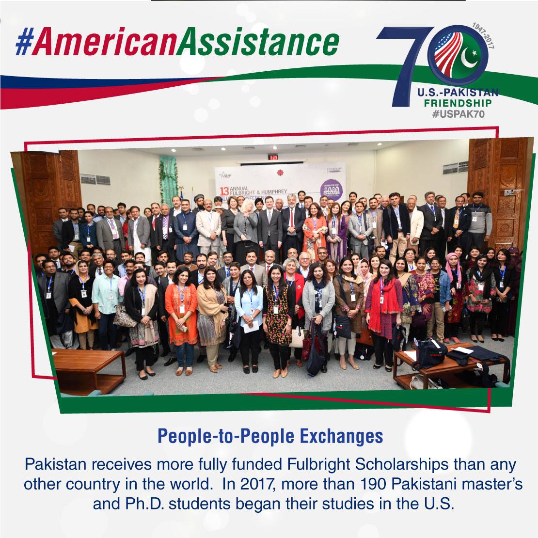 #Pakistan receives more fully funded Fulbright Scholarships than any other country in the world. In 2017, more than 190 Pakistani master’s and Ph.D. students began their studies in the U.S. #AmericanAssistance #USPAK #USEmbassyIsb #USPAK70