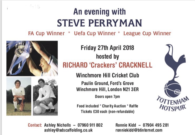 STEVE PERRYMAN @WinchmoreHillCC April 27th 

Tkts available now £30

@yido1604 @COYSReport @samtheyid @campbelljason22 @samcowen10 @SonyaNorvall @spursmemories @Sarajjjane @martinwicks @yidoyidoyido @SpursKenDodds @Sally_Berger @sam_lilywhite #COYS #THFC RT