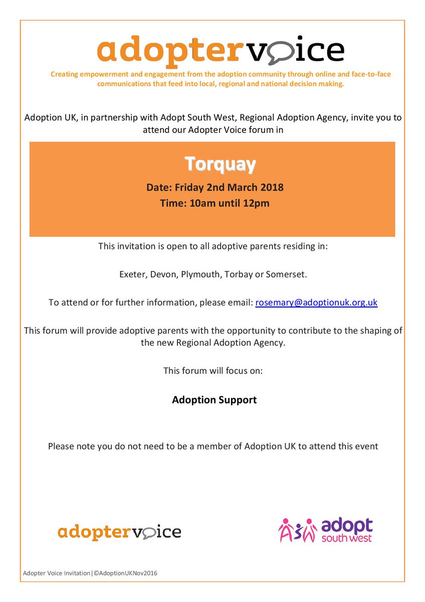 RosemaryAUK's tweet photo. Adopters in the Torbay area this is for you! A week today come to have your say about Adoption Support. there are still some places left, just book in. Unable to make it? No worries, just email for info of how to contribute electronically https://t.co/RaeBZcWrot