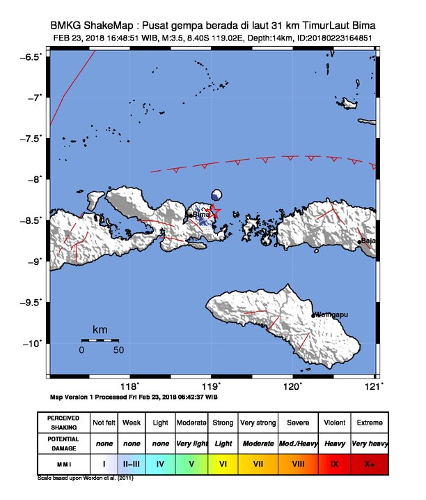 infoBMKG's tweet photo. #Gempa Mag:3.5, 23-Feb-18 16:48:51 WIB, Lok:8.40 LS, 119.02 BT (Pusat gempa berada di laut 31 km TimurLaut Bima), Kedlmn:14 Km Dirasakan (MMI) II Bima #BMKG https://t.co/5Fr7gu8Eww