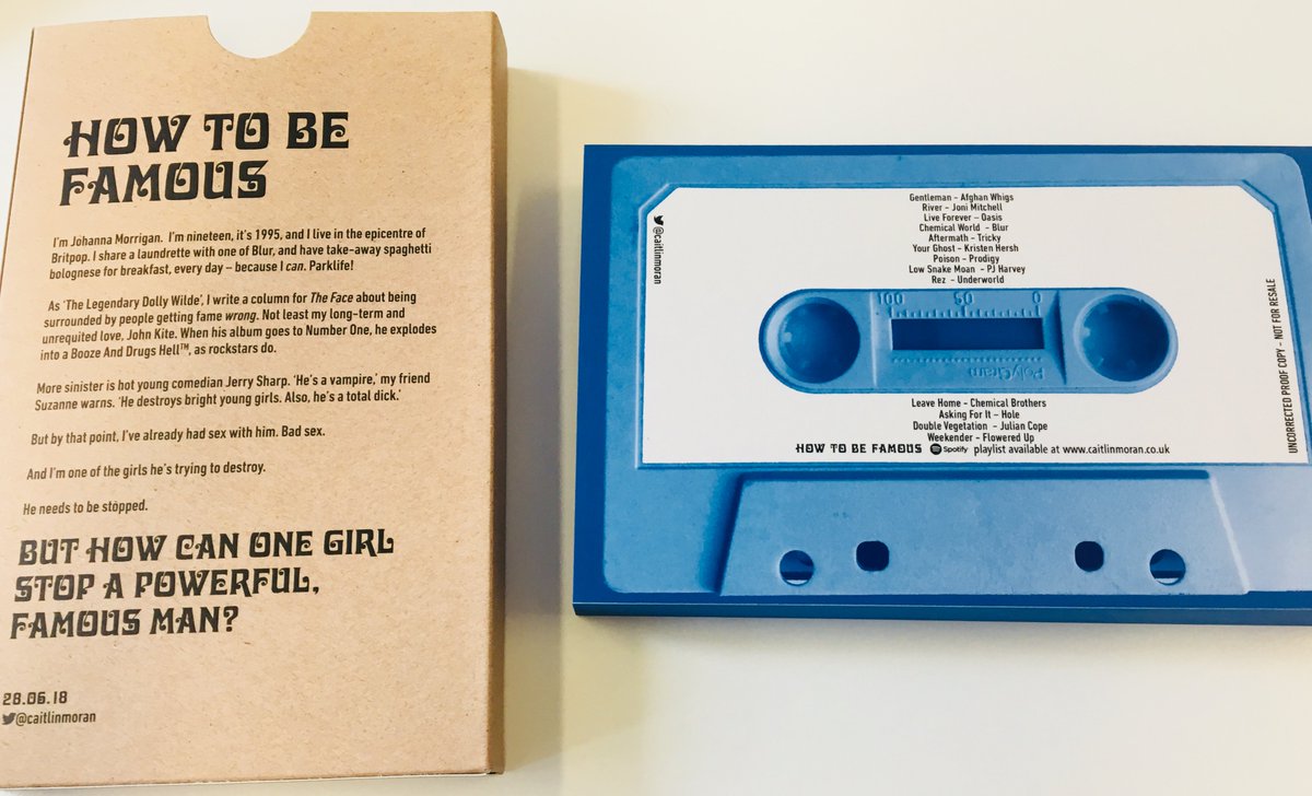 EmilyKitchin's tweet image. Oh my god, coolest proof ever! #HowtobeFamous by @caitlinmoran looks like a cassette coming out of a case, with blue-sprayed edges, songs on the back &amp;amp; an image which captures the Brit-pop era of the 90s SO perfectly. ❤️