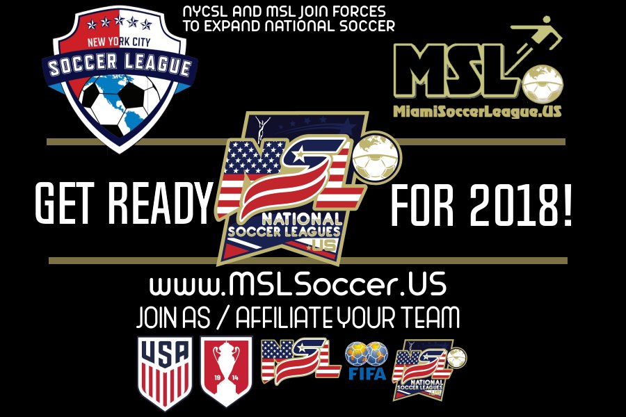 NATIONALSOCCERLEAGUES.US  ANNOUNCES PARTNERSHIP WITH NEW YORK CITY SOCCER LEAGUE AND MIAMISOCCERLEAGUE.US
<a href="/NSoccerLeagues/">NationalSoccerLeagues.US</a> announced it has formed a partnership between the <a href="/NYCSoccerLeague/">NYCSL</a>   and  <a href="/MSLSoccer/">MSL Soccer</a> .US  to expand National Soccer.
