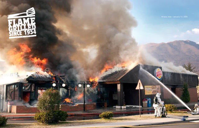 これが本当の炎上商法？海外のバーガーキングは店舗の火事の写真を広告にしているｗｗ
