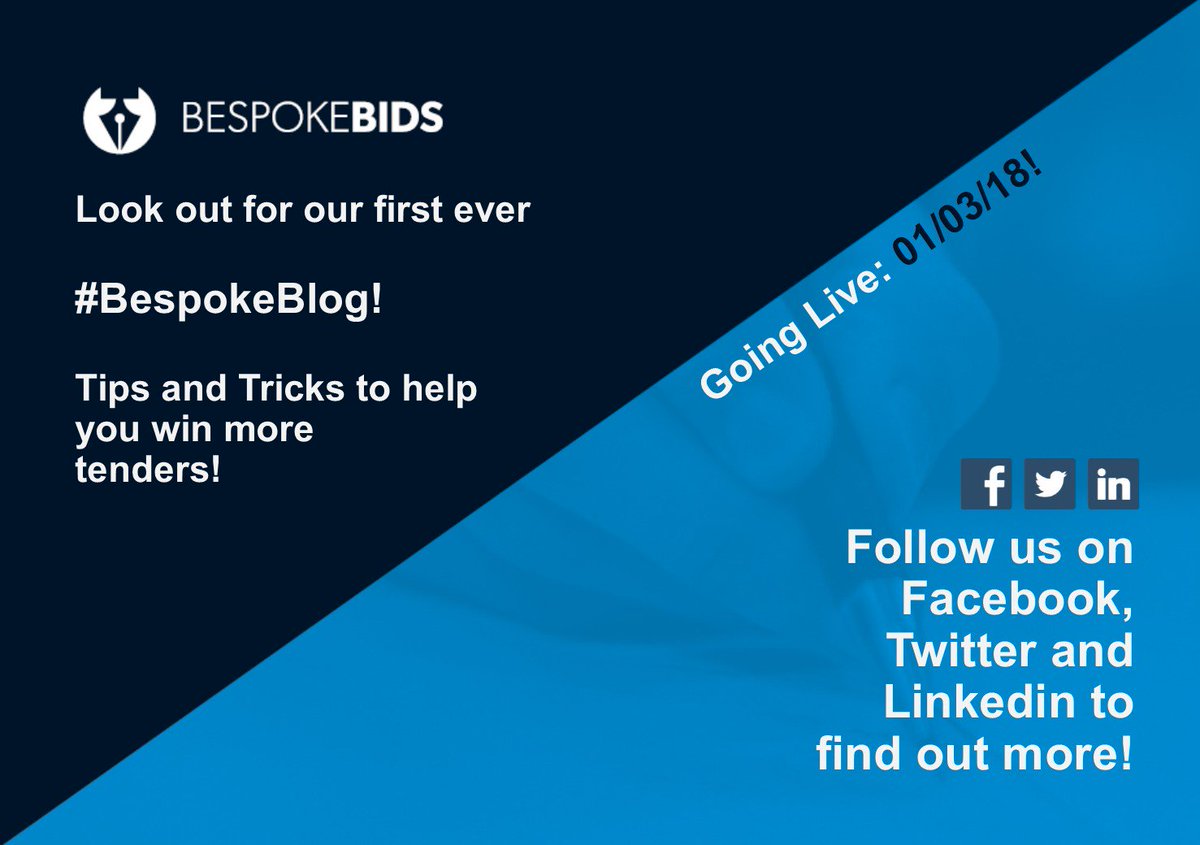 bespokebidsuk1's tweet image. Our first ever ✒️✒️ #BespokeBlog ✒️✒️ - Coming 01/03/18!

Follow us to find out more!

#Bespoke #Blog #Tips #Tricks #Win #More #Tenders #Contracts #TopTips