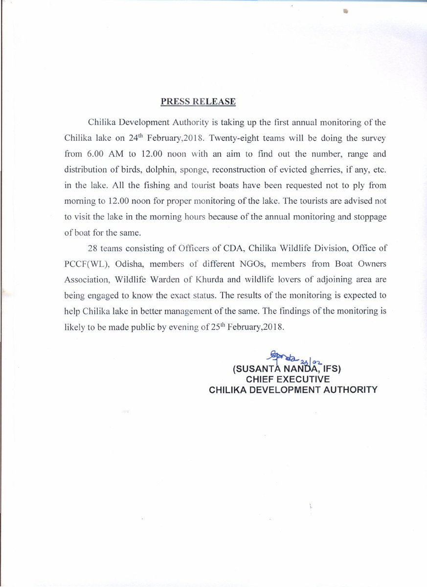 ChilikaDevAuth's tweet image. 1st Annual Monitoring of Chilika Lake  would be held on 24th February 2018