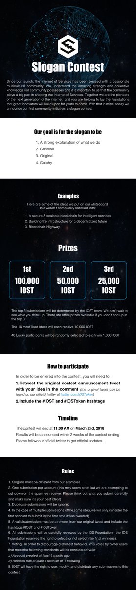 IOST_Official's tweet photo. Our community plays a crucial role shaping the Internet of Services. Together we are pioneering the next wave of the internet, laying foundations innovators will build upon for years. With that in mind, we are excited to announce a community initiative slogan contest! #IOST https://t.co/WchYz3lTYZ