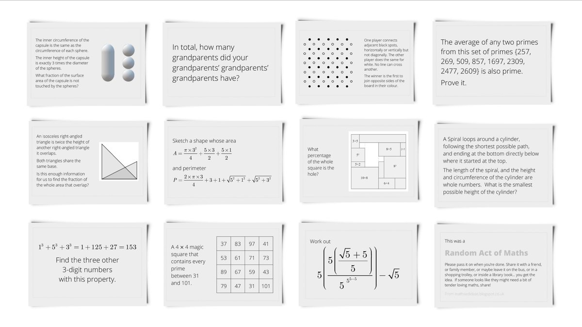 MathsEdIdeas's tweet image. More Random Acts of Maths, updated to 160 and growing: Pocket-sized problems, teasers, curios, jokes, provocations, etc. for teachers to gift to students, school visitors, et al. For downloads, solutions and suggestions for use: bit.ly/2DahYw3 | #Maths #MTBoS #ITeachMath