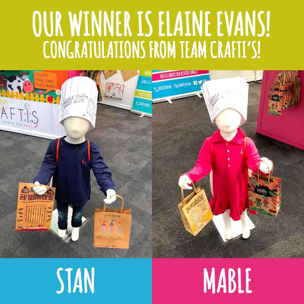 BizziBags's tweet photo. WINNER ANNOUNCEMENT! 🎺 
Thanks to everyone who gave us their fantastic name suggestions. Congratulations Elaine Evans you're our winner - a £50 @Rest_Choice voucher is on its way to you! 👏👏
Let us introduce Stan &amp; Mable! 👫 #ChildrensActivityPacks https://t.co/2n2aPTGXWq