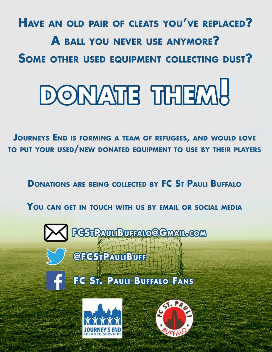 FCStPauliBuf's tweet photo. Today we announce, our friends at @JERS_buff are creating an all refugee mens soccer team, and we are partnering with them for an equipment drive. If you have any usable equipment for donation please contact us, and help spread this post as well #FCSP #RefugeesWelcome https://t.co/kdRcPX40by