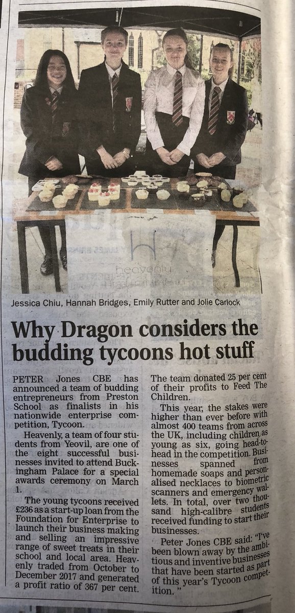 Thanks to the Western Gazette for featuring our 4 fantastic ladies of <a href="/heavenly_baking/">Heavenly Baking</a> who are off to Buckingham Palace next Thursday! #EnterpriseRoyalty after winning a  <a href="/TycoonInSchools/">Tycoon Enterprise Competition</a> competition with  <a href="/PJFoundation/">PeterJonesFoundation</a> <a href="/dragonjones/">Peter Jones</a>