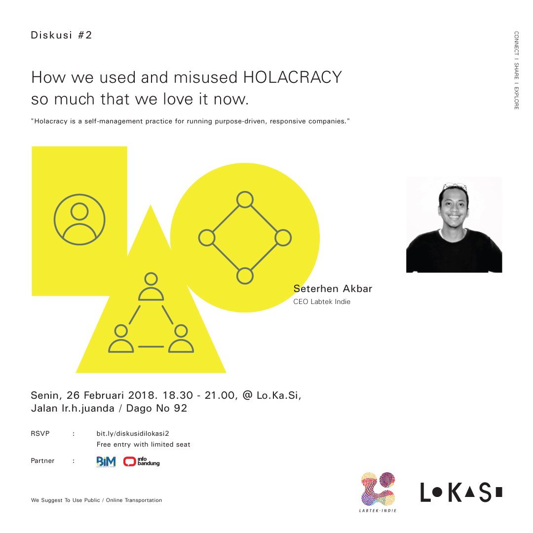 labtekindie's tweet image. DIS·KU·SI #Holacracy:
&quot;How we used and misused Holacracy so much that we love it now&quot;
Bersama CEO Labtek Indie @seterhenakbar
.
Gratis!
Registrasi: bit.ly/diskusidilokas…
Livestream: bit.ly/livestreamhola…
#LabtekIndieEvent