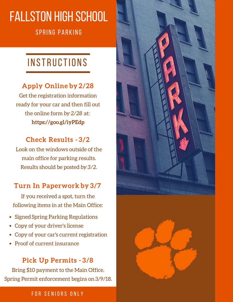 MrClemmer's tweet photo. Hey @OfficialFHS1 seniors: The spring parking application is now available online at https://t.co/lTs9kh2jMb. Applications are due by 2/28/18. Only select activities in which you actually participate or you will be placed on the bottom of the list. Good luck! https://t.co/9Shlmtipxv