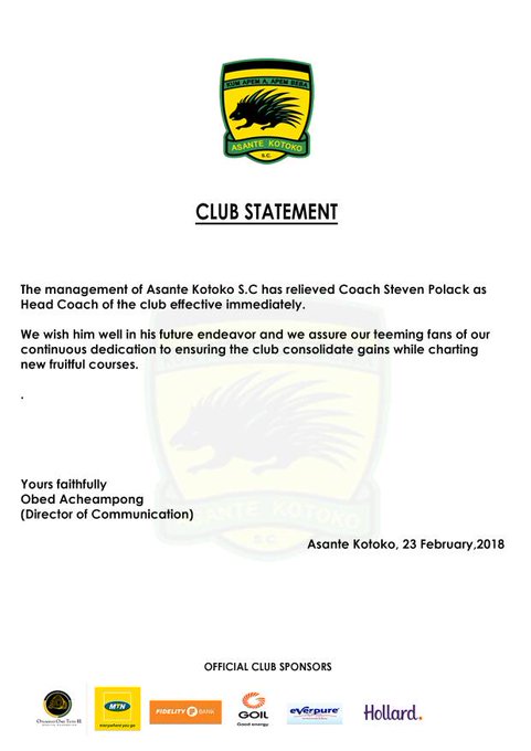 Asante Kotoko fire Steve Polack