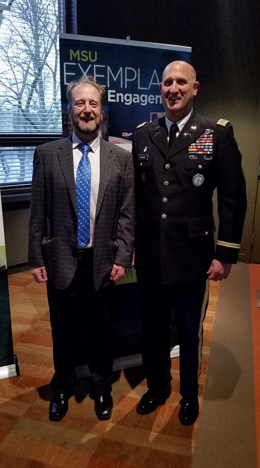 MSUHDFS's tweet photo. Dr. @adrianblow received 2 @michiganstateu awards: the Distinguished Partnership Award for Community-Engaged Research &amp; the 2018 Community Engagement Scholarship Award. Dr. Blow wishes to recognize his partner @MINationalGuard &amp; his academic collaborators at MSU, UM, and Purdue. https://t.co/YffBqsQH0z
