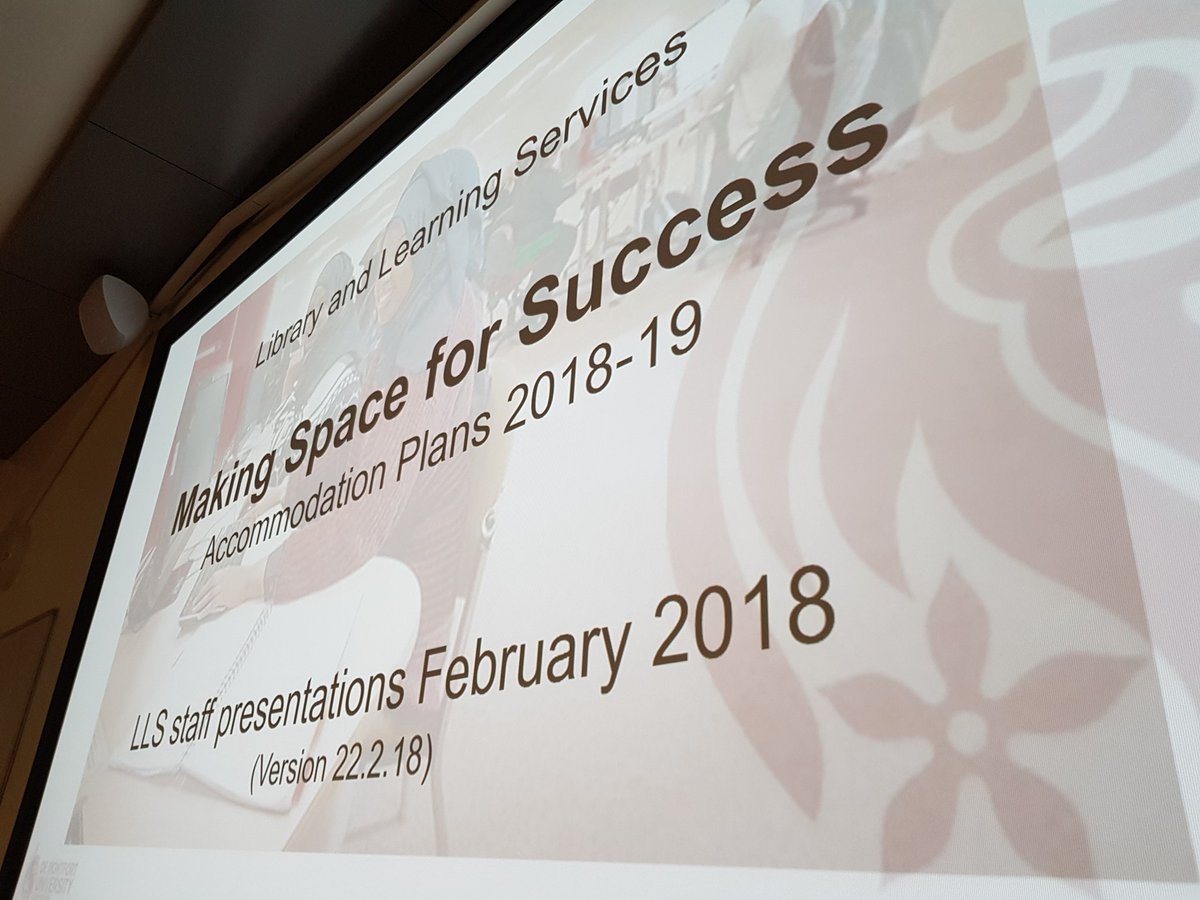 LibraryDMU's tweet image. Presentation from @DMULibDirector and senior team on exciting plans in prospect for study space increase and development in Kimberlin Library #SpaceForSuccess #WatchThisSpace #YourLibrary