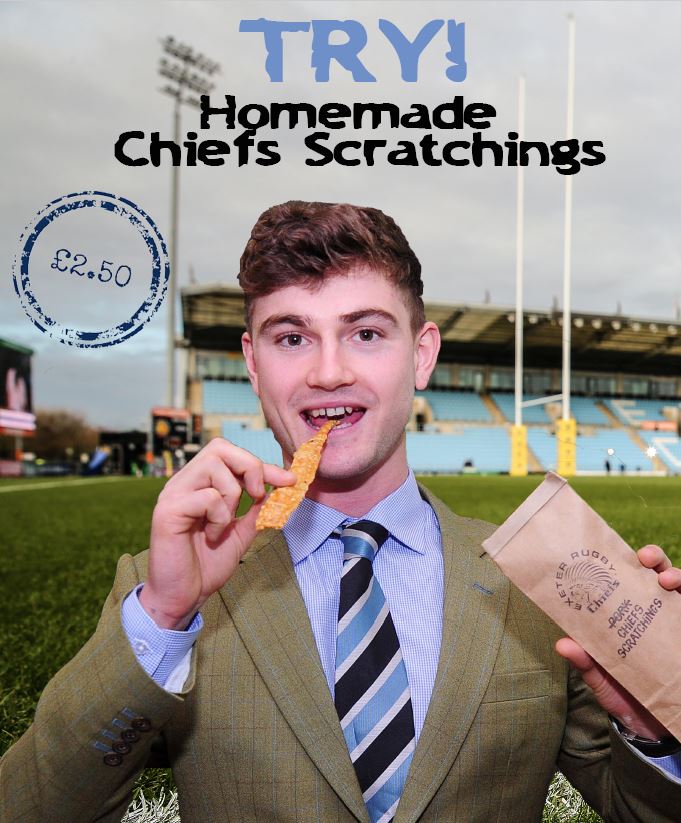 ExeterChiefs's tweet photo. If you're coming to the game tomorrow TRY our new Chiefs Scratchings - home made by the @SandyParkExeter Chefs and available at bars around the stadium.  #SCRUMptions #homemade #Devon #PorkScratchings https://t.co/4zk1Wat9Td