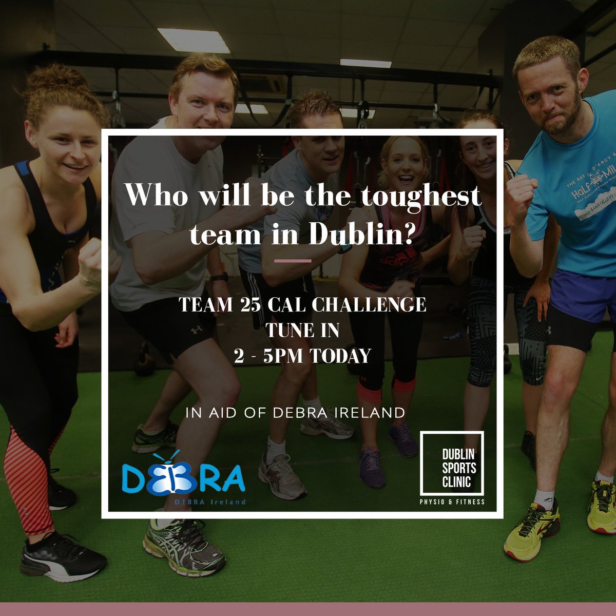 Dubsportsclinic's tweet image. Today’s the day! Corporate Teams from all over Dublin take on the 25 Cal Challenge to raise money for @debraireland 2 – 5pm in Dublin Sports Clinic. Tune in to our Instagram stories this afternoon for live updates! 💙 💪🦋
.
#25CalChallenge #teamwork #dreamwork #debraireland