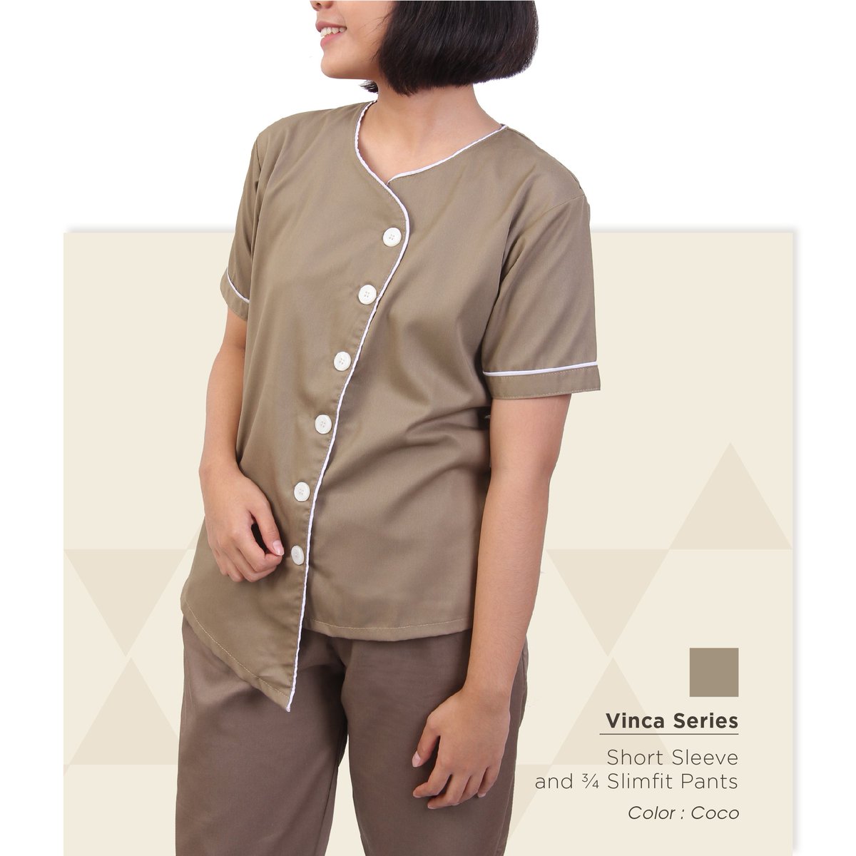 my_uniform's tweet photo. Vinca Choco combined with 3/4 slimfit pants can fit nannies and make them look so trendy. Purchase this pair by contacting our CS. https://t.co/NKAIzXmI6b