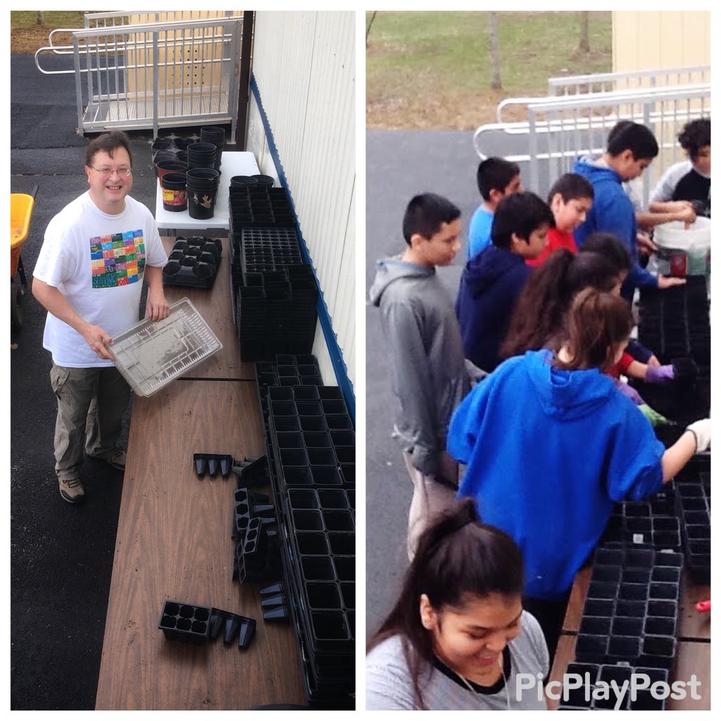 Before - Mr. Moseley faithfully sets up before school.  After - 5th and 6th grade students fill 200 planters to be delivered to classes as seed starters for kids to learn how to plant and care for Dogwood’s vegetable gardens! #fcpsscience <a href="/fcpsGet2Green/">FCPS Get2Green</a>