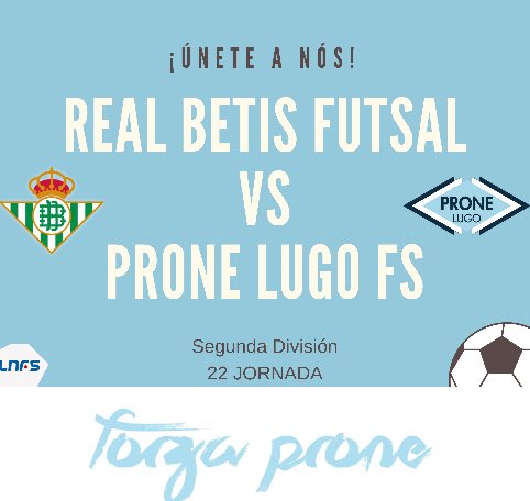 ProneLugoFS's tweet photo. Buenas tardes!!

El equipo ya se encuentra en Sevilla para disputar mañana el partido contra @RealBetisFS , correspondiente a la jornada 22.

2️⃣2️⃣ Jornada
📆 Mañana, sábado 24 de febrero
⌚️19:00
📍Amate 
🖥 https://t.co/pthYHdQCFe

#ForzaProne https://t.co/8501djLu0M