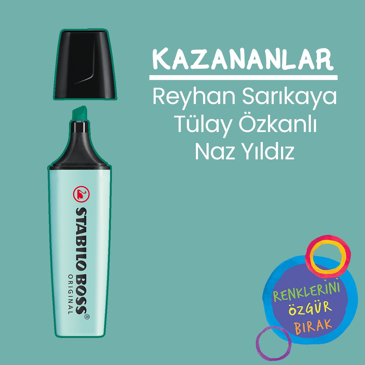 STABILOTurkiye's tweet photo. Hızlı olup Boss Original kazanma şansı yakalayan şanslı isimler belli oldu. #Stabilo #StabiloTürkiye #Boss #Original #BossOriginal #kalem #highlighter #altınıçiz #kalem #renkleriniözgürbırak #pen https://t.co/RX9ozljT2U