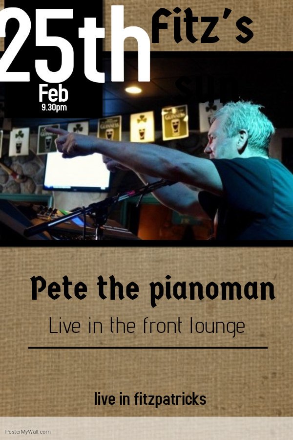 Fitzbarwicklow's tweet photo. The weekends music line up

Sat night: The groove

Sunday night :dicey and gang 7pm
   
Followed by Pete the pianoman 9pm front lounge https://t.co/u06qLalmYP