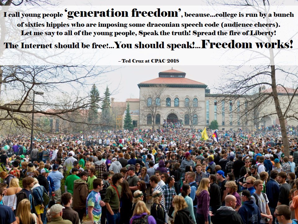 DarleneHBrook's tweet image. "I love @CPAC, and what I love the most about it is all of the young people...I call young people #GenerationFreedom, because...college is run by sixties hippies who are imposing some draconian speech code (audience cheers) youtu.be/nRRgSpCyE1Q" - @tedcruz #GenerationFreedom
