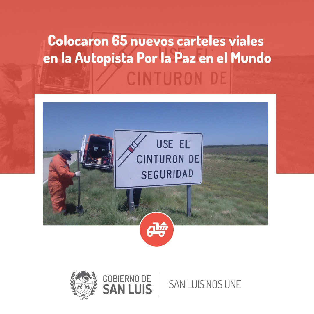sanluisgob's tweet photo. #EnteControldeRuta
COLOCARON 65 NUEVOS CARTELES VIALES EN LA AUTOPISTA.-
Colocaron 65 nuevos carteles viales y se repararon 15 en la Autopista Por la Paz del Mundo. La señalización se ubicó en el tramo que se extiende desde el kilómetro 757 al 591.- https://t.co/BTIp9TdJB2 https://t.co/eBN8o6R7XH