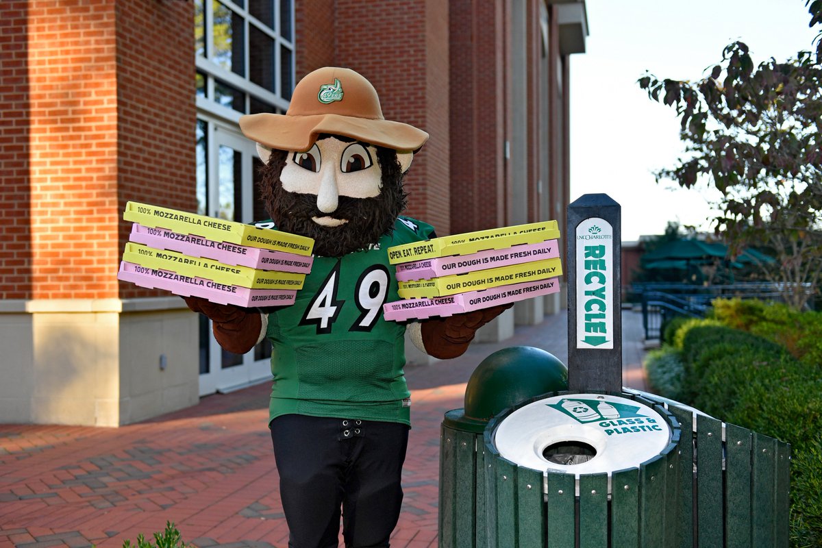 UNCCsustain's tweet photo. Norm knows that recycling 1 ton of cardboard saves 46 gallons of oil. So make sure to flatten all of your Amazon and pizza boxes and place them next to the recycling/waste bins for our crews to properly handle them! #UNCC #NormKnows #RecycleMania https://t.co/b3B3EXM4zI