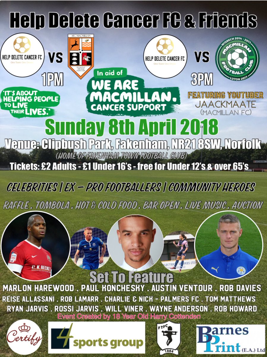 Delete_Cancer's tweet photo. Sunday 8th April 2018 @fakenhamtownfc
All in aid of @macmillancancer
All details attached in poster

Look who’s playing👀
@Mazer_9 @konch3 @Rdav0 @austinventour @RobLamarr @RAllassani @Charl2807 @Nick10Horne 
@Holliesam7 @robhowardwhu16 @T_Matthews12 

Come on down! - All Welcome https://t.co/MZRE2rZ0jo