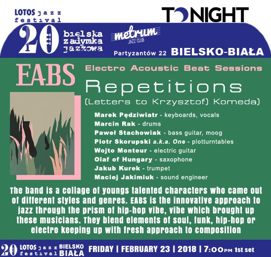 jazzsharing's tweet photo. #LOTOSJazzFestival 2018 #BielskoBiała
EABS Repetitions (Letters to Krzysztof Komeda) @EABS_JAZZ
→https://t.co/0ZHmFV3vdJ
→https://t.co/XaBgVEBBDh
#MetrumJazzClub, TONIGHT 7:00pm 1st Set
→https://t.co/R13WawHrG5 https://t.co/FS3XTNo2Wh